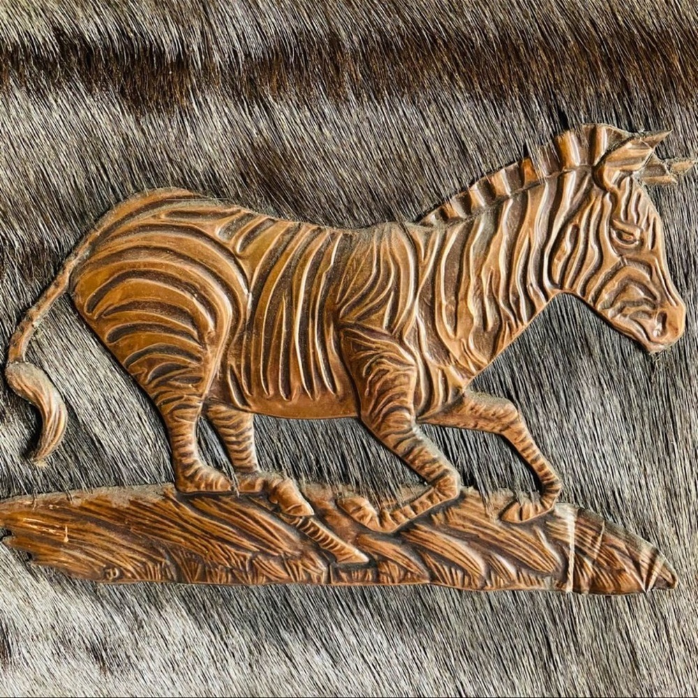 Vintage Copper Zebra  on real fur background .Art Wall Hanging.